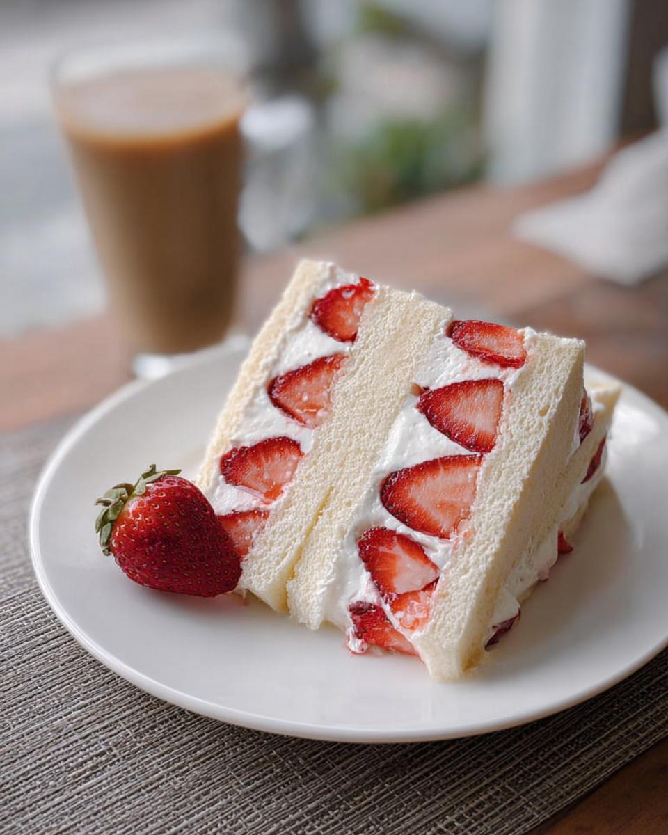 A cross-section of a delicious Japanese Strawberry Sando showing layers of white bread, whipped cream, and sliced strawberries.