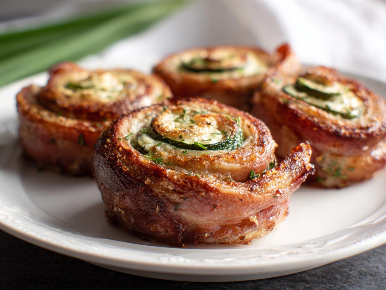 Four crispy Keto Beef Lunch Rolls wrapped in bacon with a zucchini center, served on a white plate.