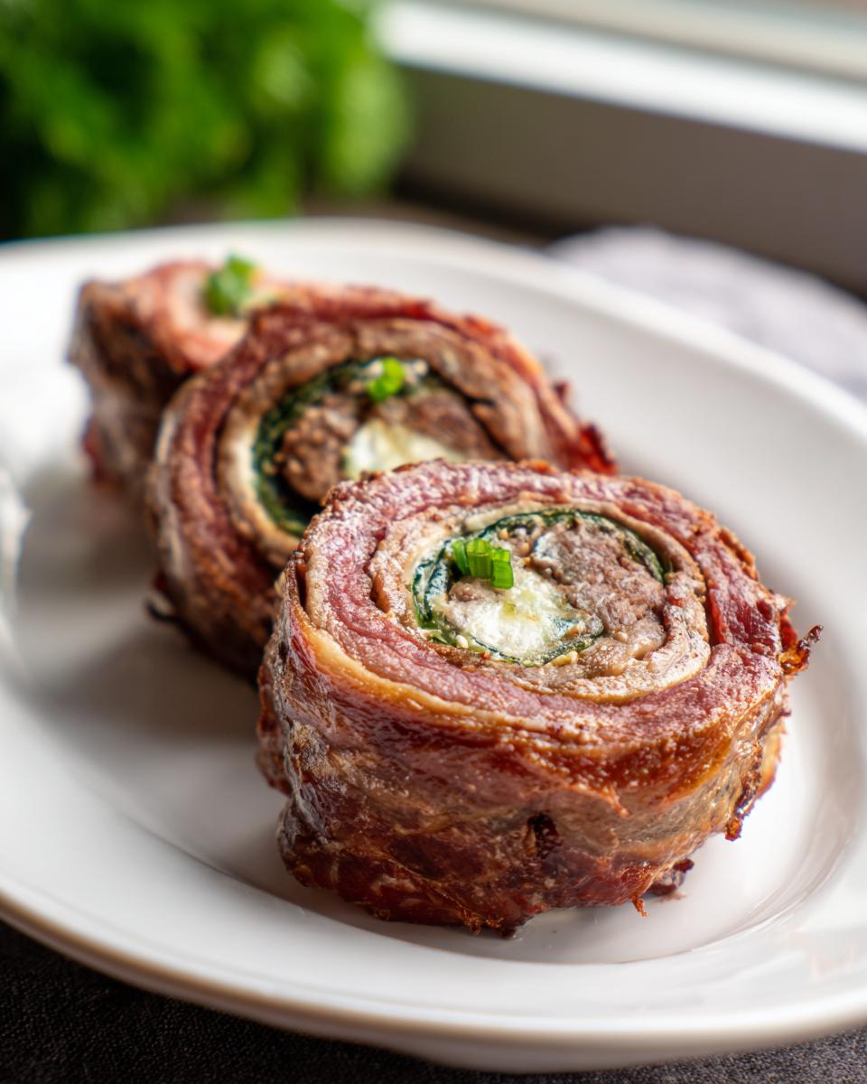 Three slices of cooked Keto Beef Lunch Rolls, showing the spiral of beef, filling, and green garnish, served on a white plate.