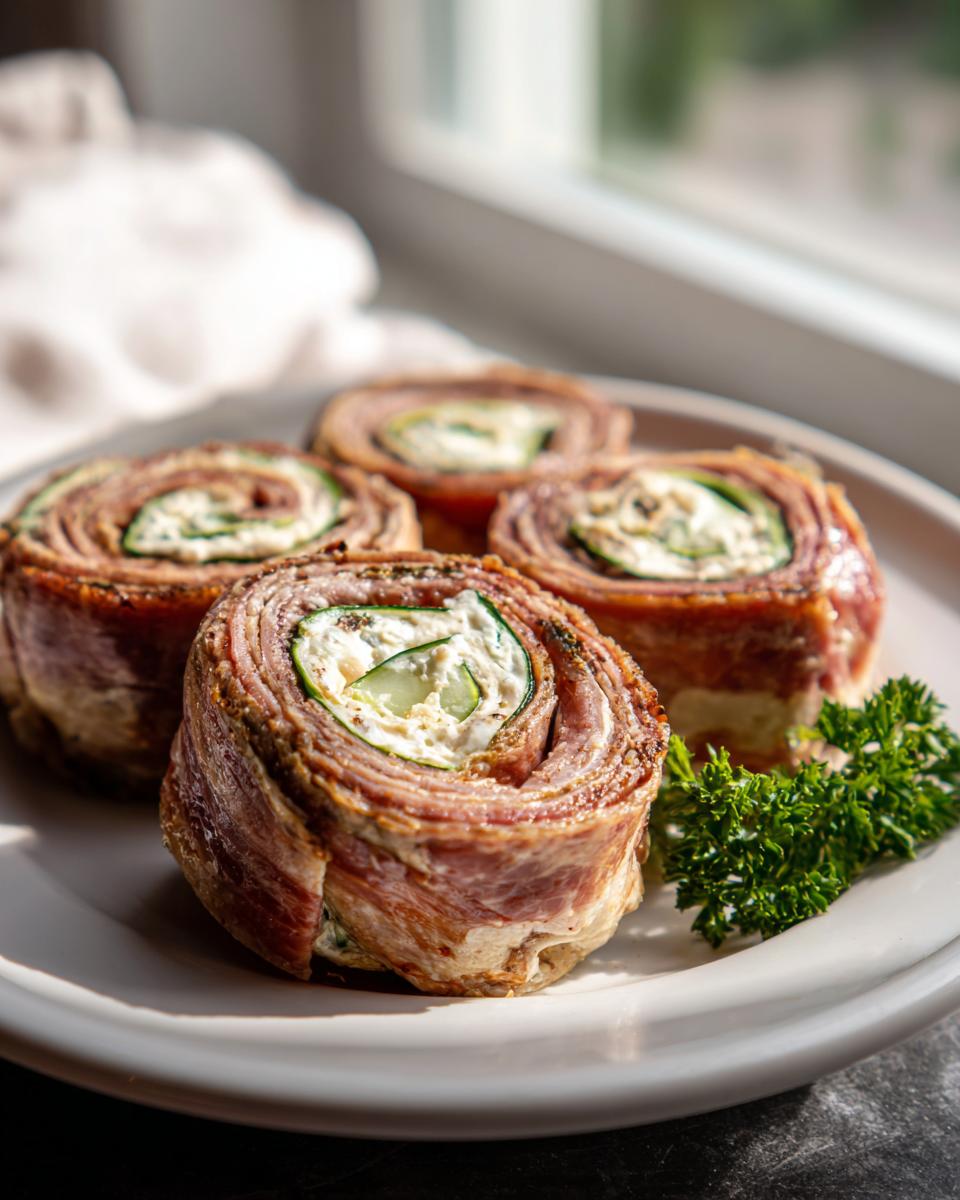 Four Keto Beef Lunch Rolls wrapped in meat and filled with cream cheese and zucchini, garnished with parsley.