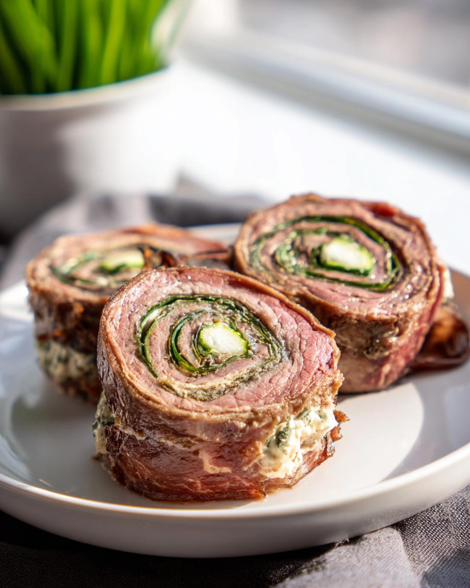 Three slices of Keto Beef Lunch Rolls showing rolled steak, green filling, and cream cheese stuffing.