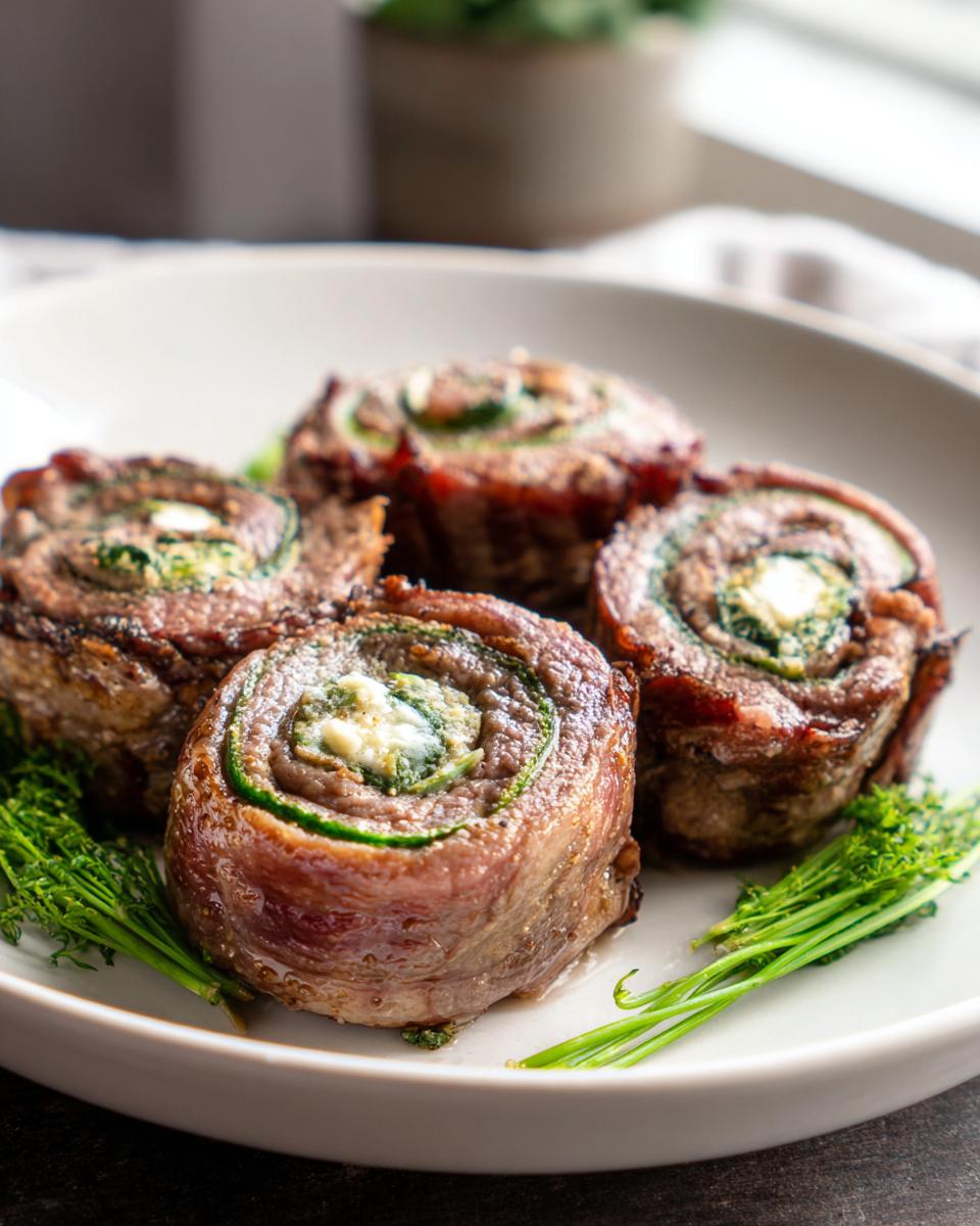 Four cooked Keto Beef Lunch Rolls, sliced to show zucchini and cheese filling, served on a plate with greens.