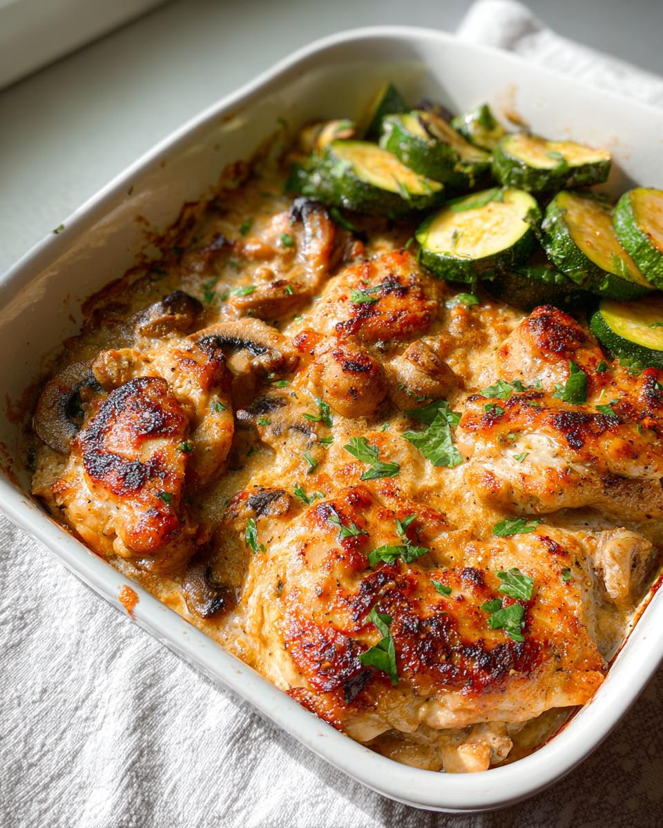 Baked chicken pieces in a creamy mushroom sauce, served with roasted zucchini slices, perfect for a Keto Chicken Family Dinner.