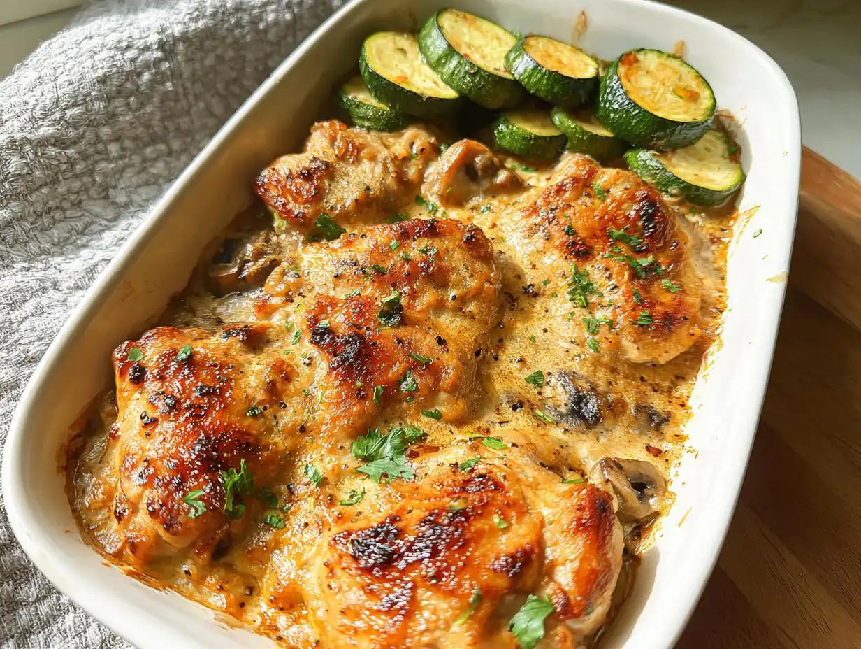 Three golden-brown chicken thighs baked in a creamy mushroom sauce, served with sliced zucchini for a Keto Chicken Family Dinner.