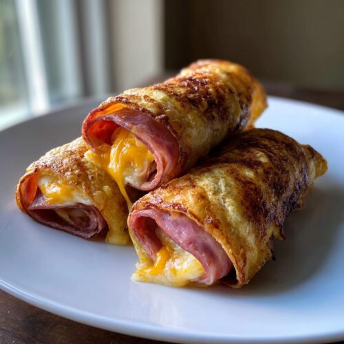 Three Keto Dinner Roll Ups made with egg wraps, ham, and melted cheddar cheese, stacked on a white plate.