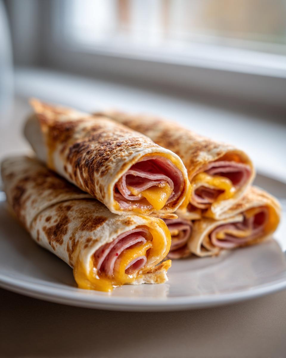 A stack of toasted Keto Dinner Roll Ups filled with melted cheddar cheese and sliced ham on a white plate.