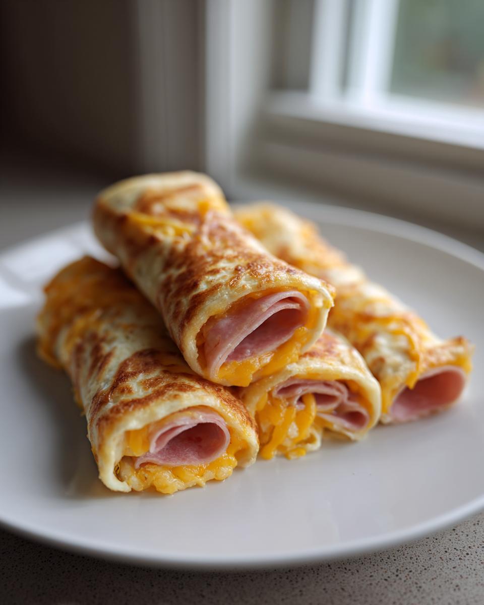 Four ham and melted cheese filled Keto Dinner Roll Ups stacked on a white plate near a window.