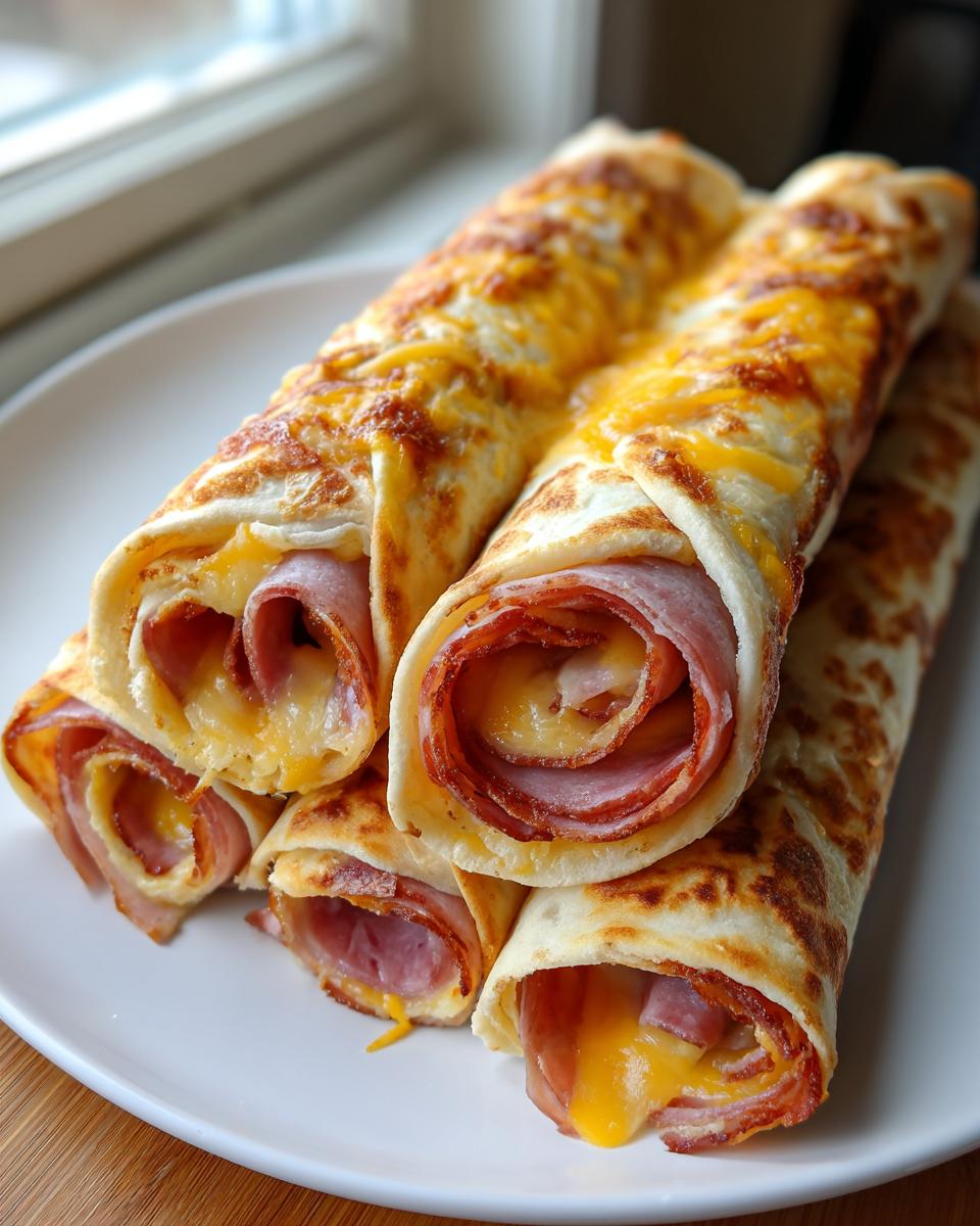 Close-up of several Keto Dinner Roll Ups filled with ham and melted cheddar cheese, stacked on a white plate.