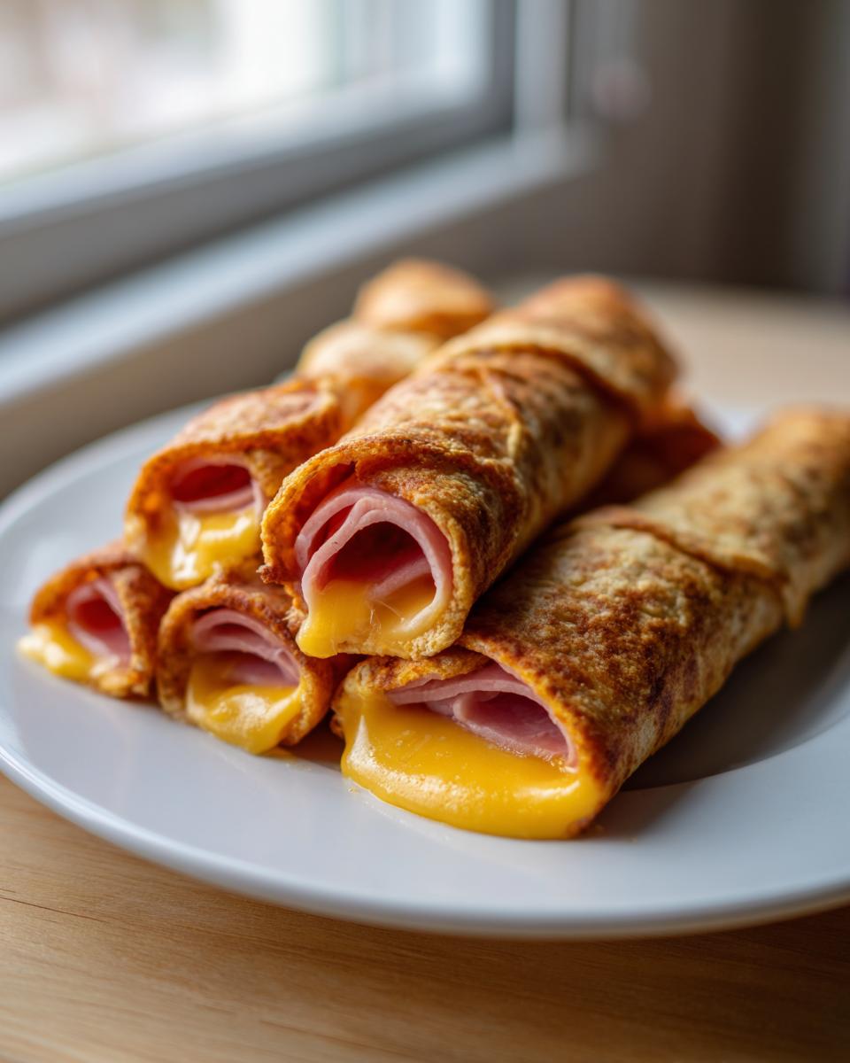 Close-up of several Keto Dinner Roll Ups made with egg wraps, ham, and oozing melted cheddar cheese.