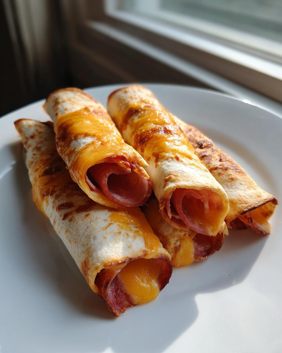 Four baked Keto Dinner Roll Ups filled with ham and melted cheddar cheese, served on a white plate.