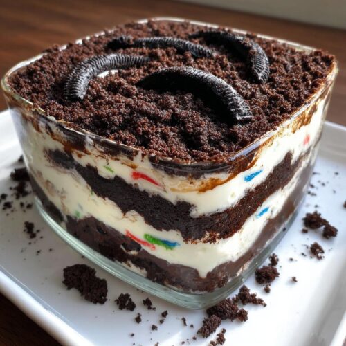 Close-up of a layered Brownie Dirt Cake in a square glass dish, topped with crushed cookies and whole cookies.