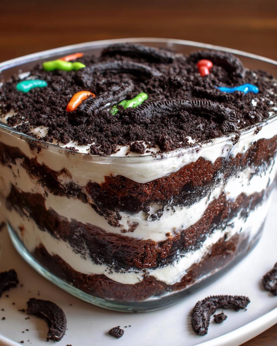 Close-up of a layered Brownie Dirt Cake in a glass bowl, topped with crushed cookies and candy worms.