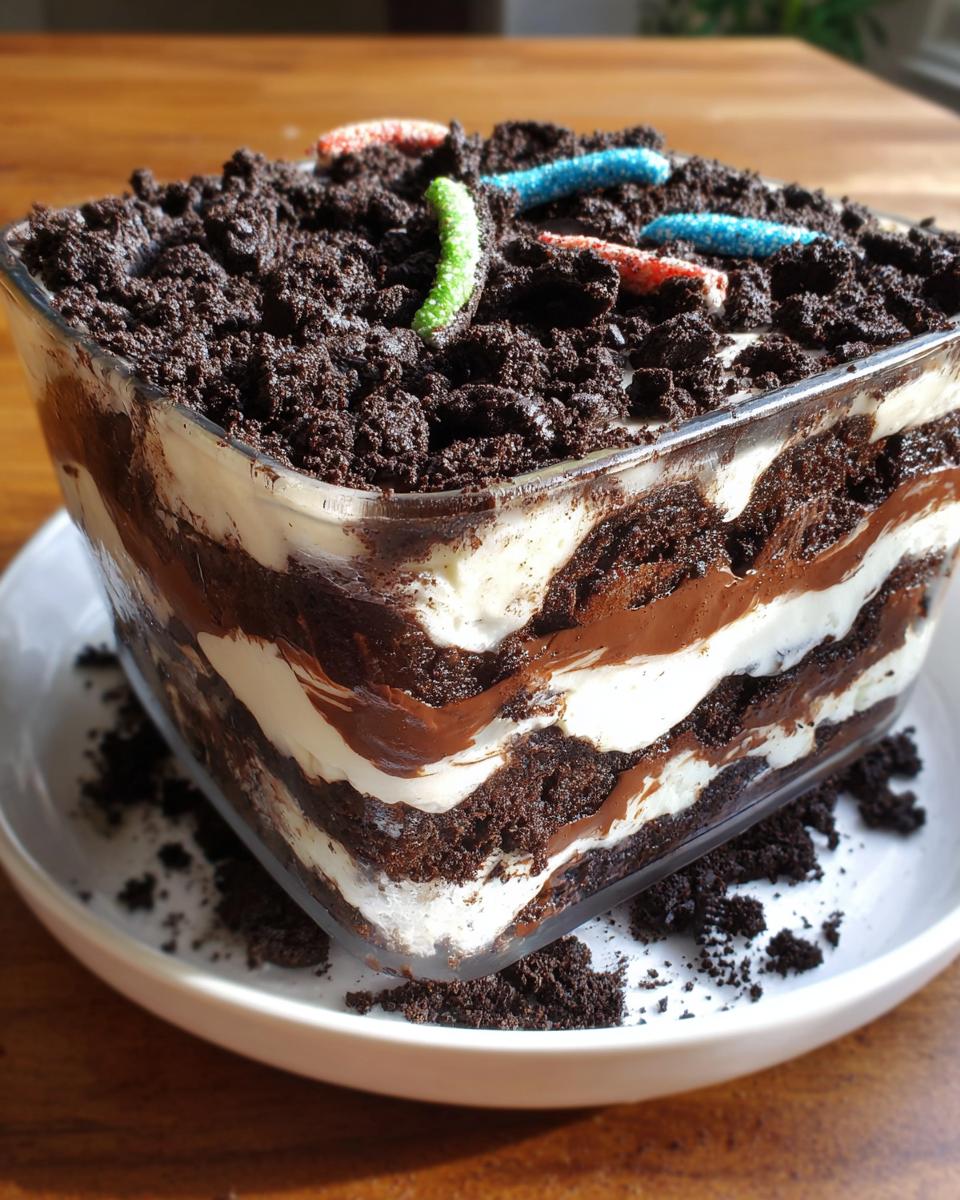 A clear glass dish showing layers of chocolate cake, cream, and crushed cookies in a Brownie Dirt Cake, topped with gummy worms.