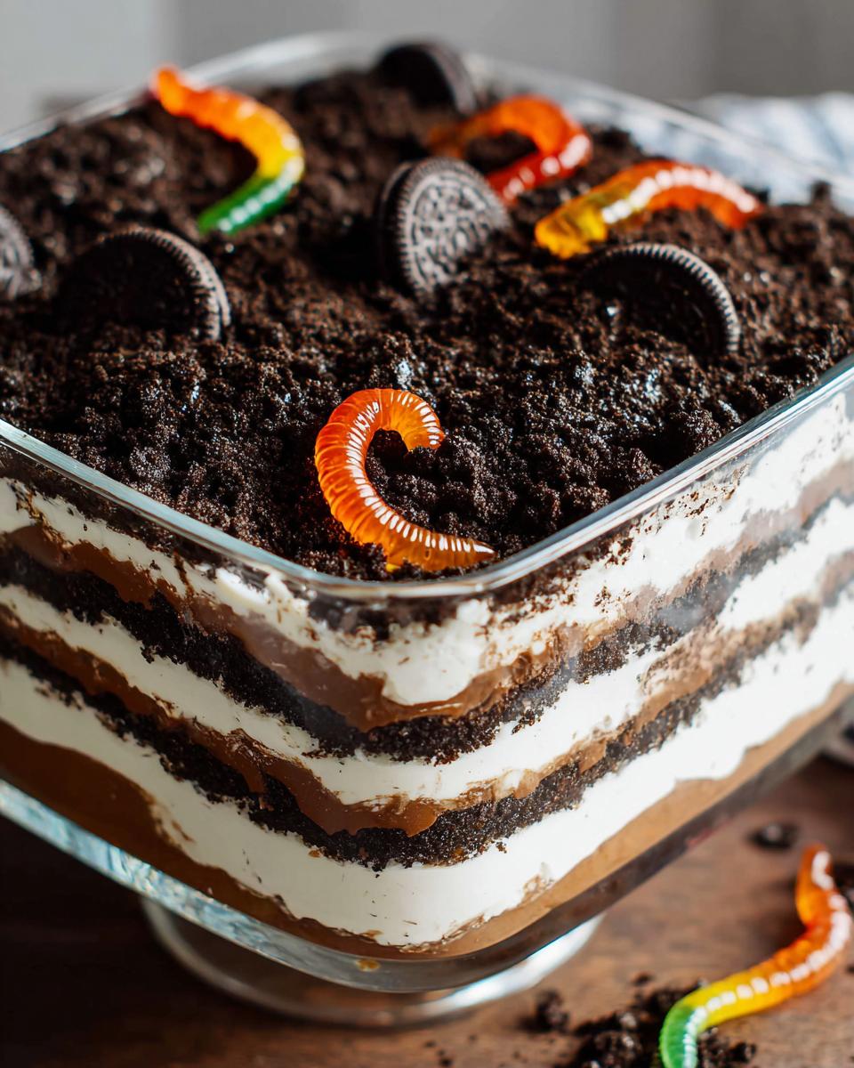 Close-up of a layered Classic Dirt Cake in a glass dish, topped with crushed cookies and gummy worms.