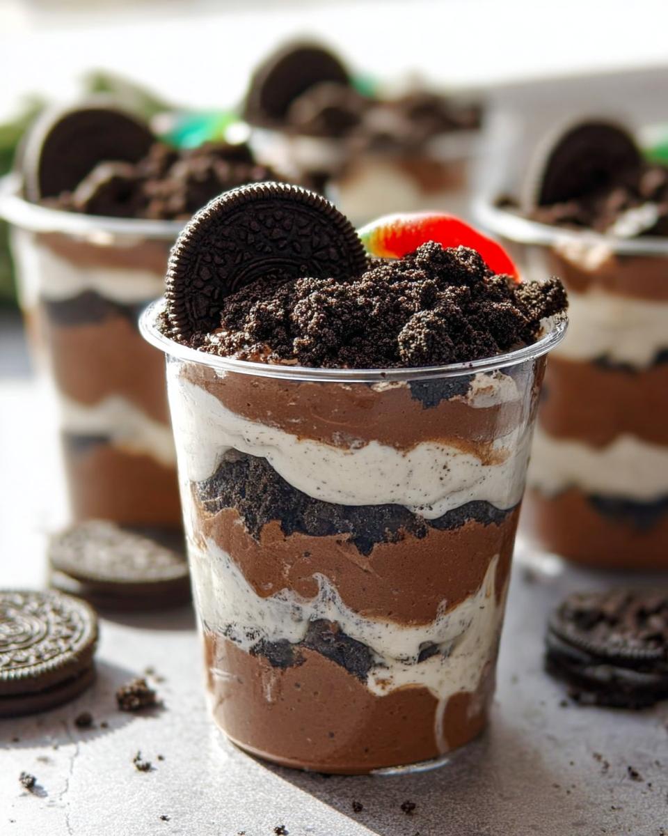 A close-up of a layered Oreo Dirt Cups dessert in a clear plastic cup, topped with crushed cookies and a gummy worm.