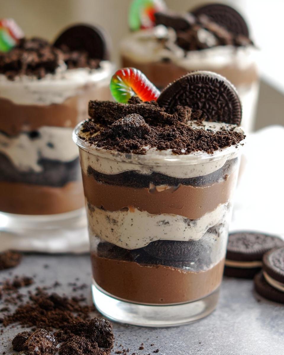 Close-up of layered Oreo Dirt Cups featuring chocolate pudding, cookies and cream layers, topped with crushed Oreos and a gummy worm.
