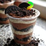 Close-up of a layered Oreo Dirt Cups dessert in a clear plastic cup, topped with crushed Oreos and a gummy worm.