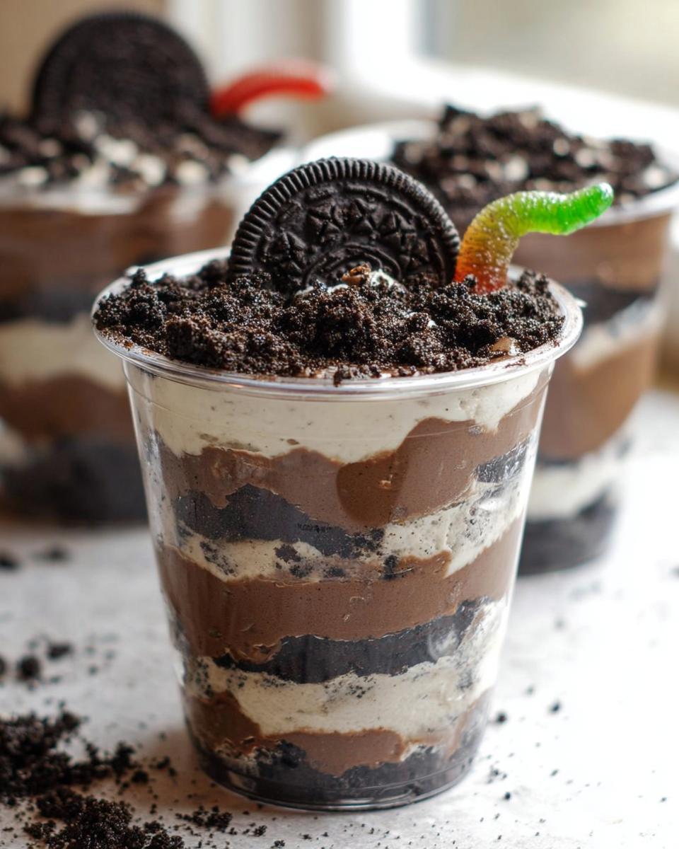 Close-up of a single serving of Oreo Dirt Cups layered with chocolate pudding, cream, and crushed cookies, topped with a whole Oreo and gummy worm.