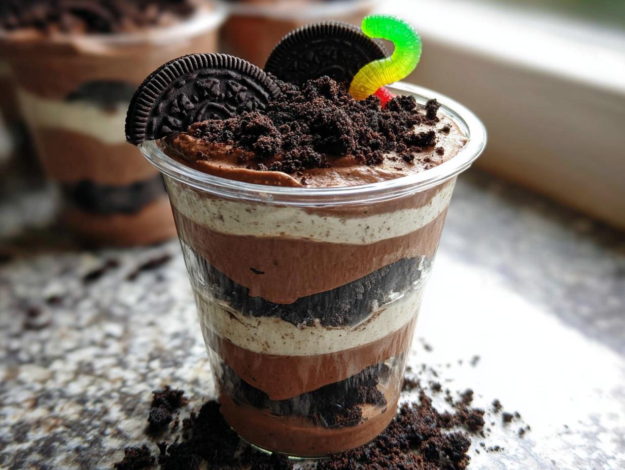 Close-up of a layered Oreo Dirt Cups dessert in a clear plastic cup, topped with crushed Oreos and a gummy worm.