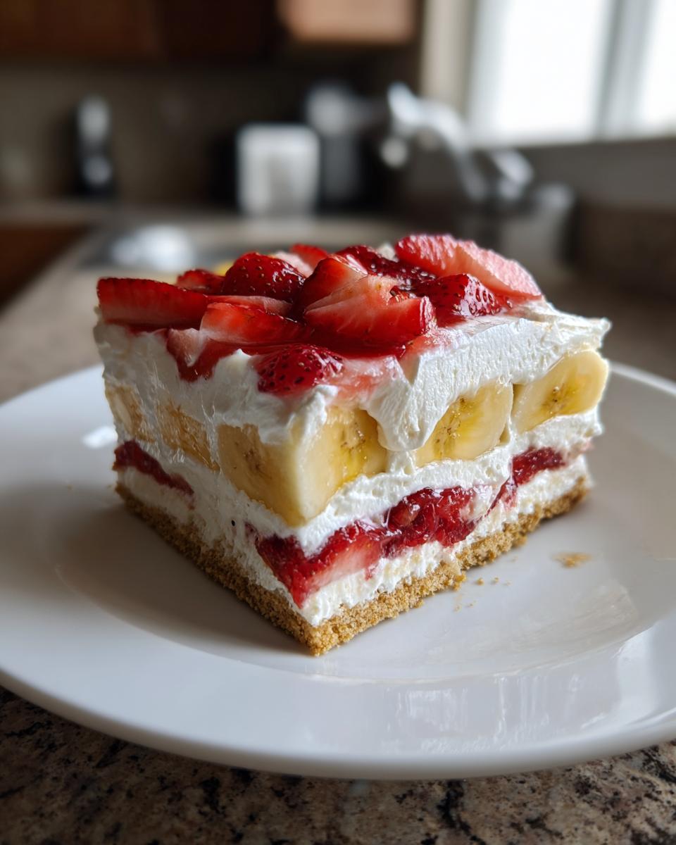 A square slice of Layered Strawberry Banana Dessert with graham cracker crust, cream, bananas, and strawberries on a white plate.