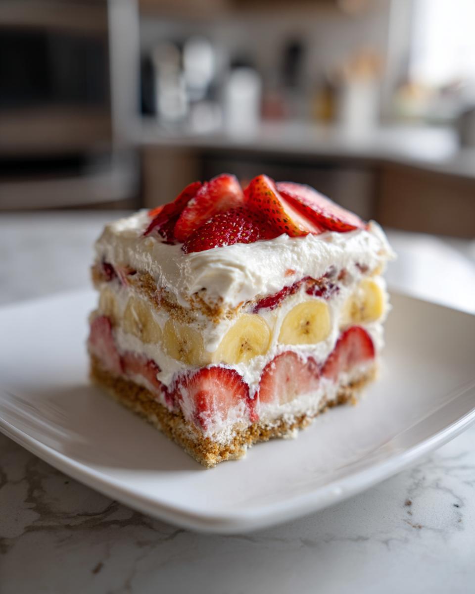 A square slice of Layered Strawberry Banana Dessert showing layers of graham cracker crust, cream, bananas, and strawberries.