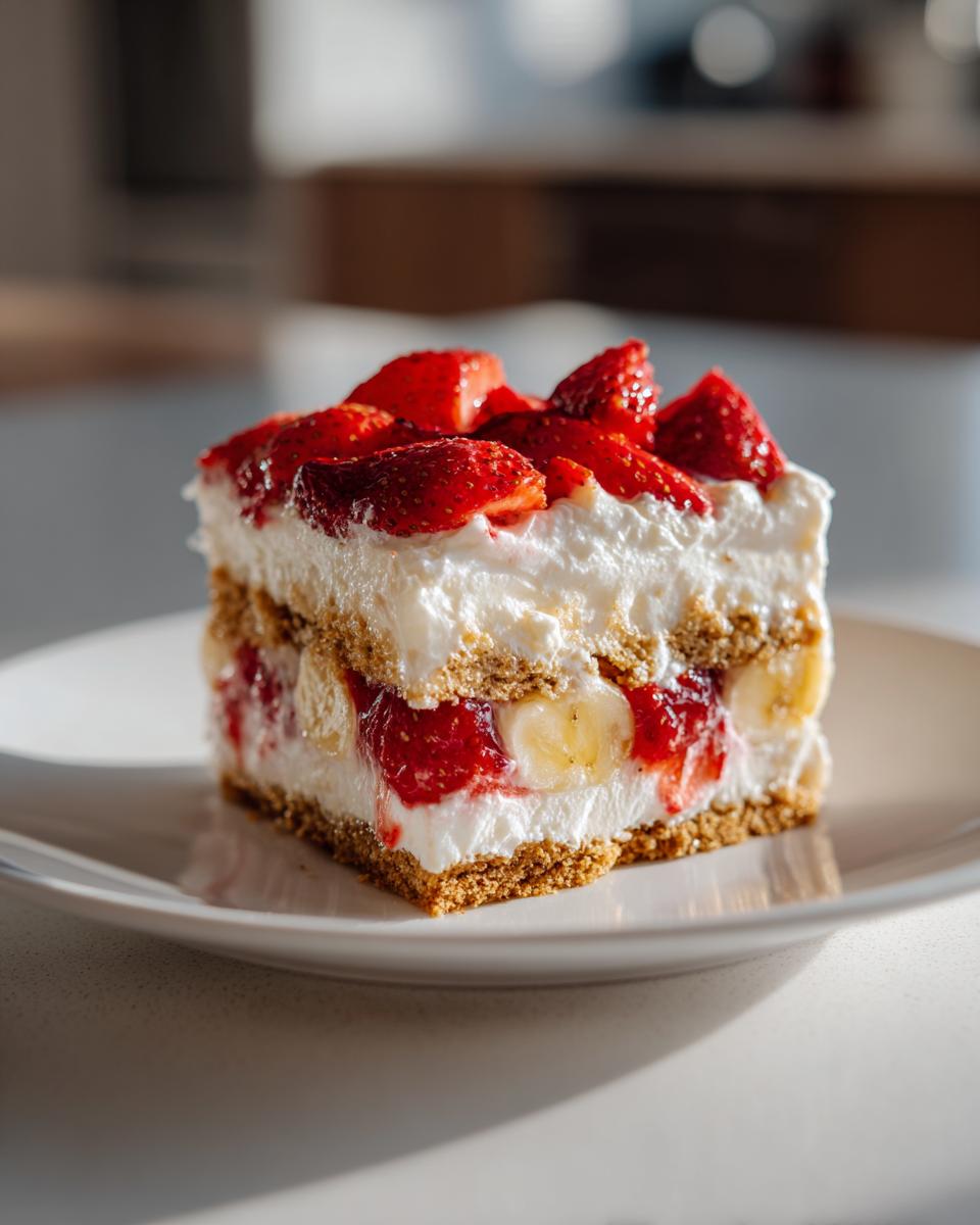 Close-up of a square slice of Layered Strawberry Banana Dessert showing graham cracker crust, cream, strawberries, and banana slices.