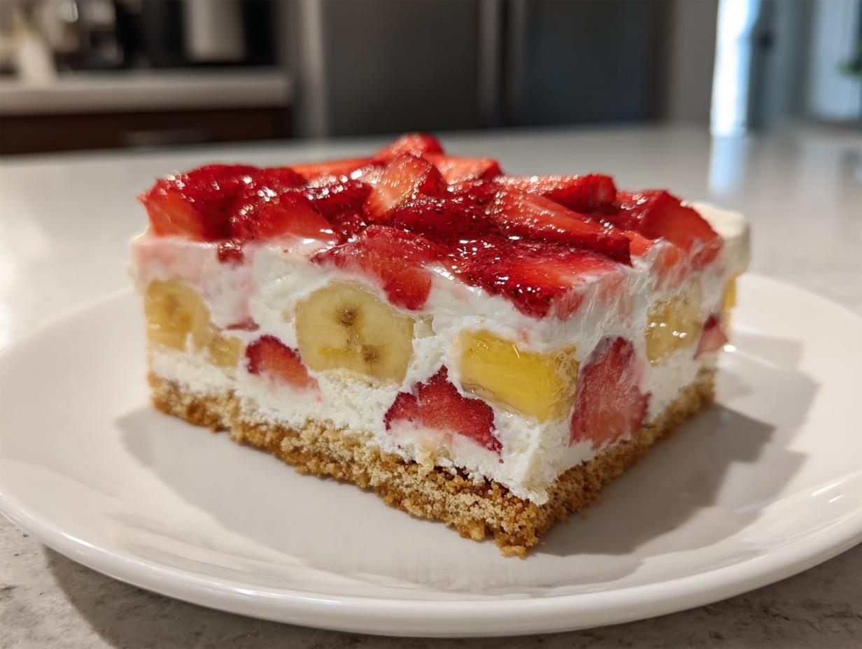 A close-up of a single serving of Layered Strawberry Banana Dessert with a graham cracker crust and creamy filling.