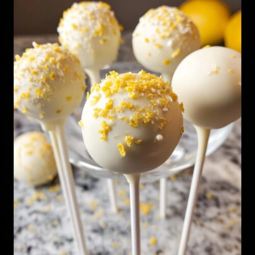 Close-up of several white chocolate coated Lemon Cake Pops topped with bright yellow lemon zest.