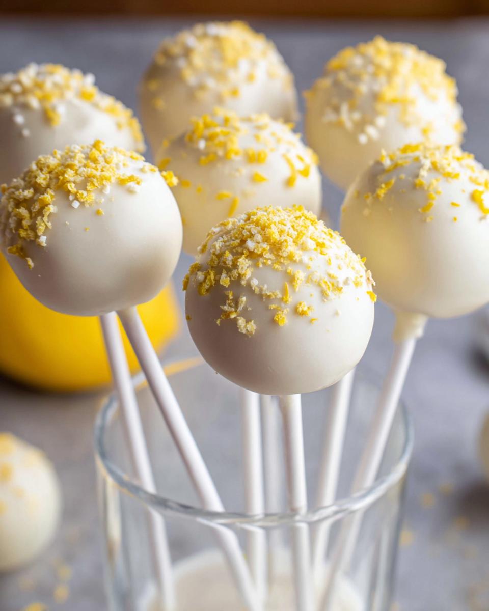 Several white chocolate coated Lemon Cake Pops topped with yellow zest standing in a clear glass.