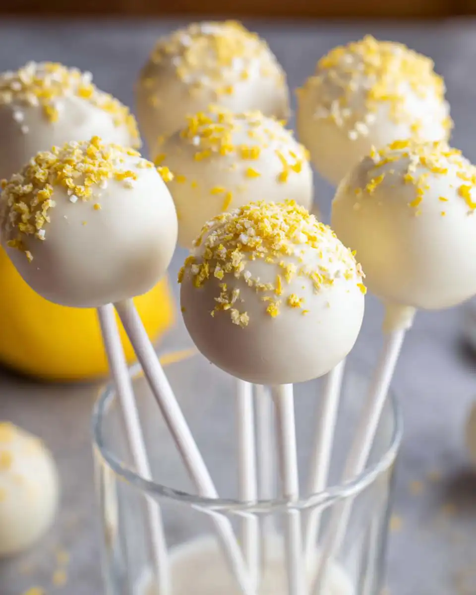 Several white chocolate coated Lemon Cake Pops topped with yellow zest standing in a clear glass.