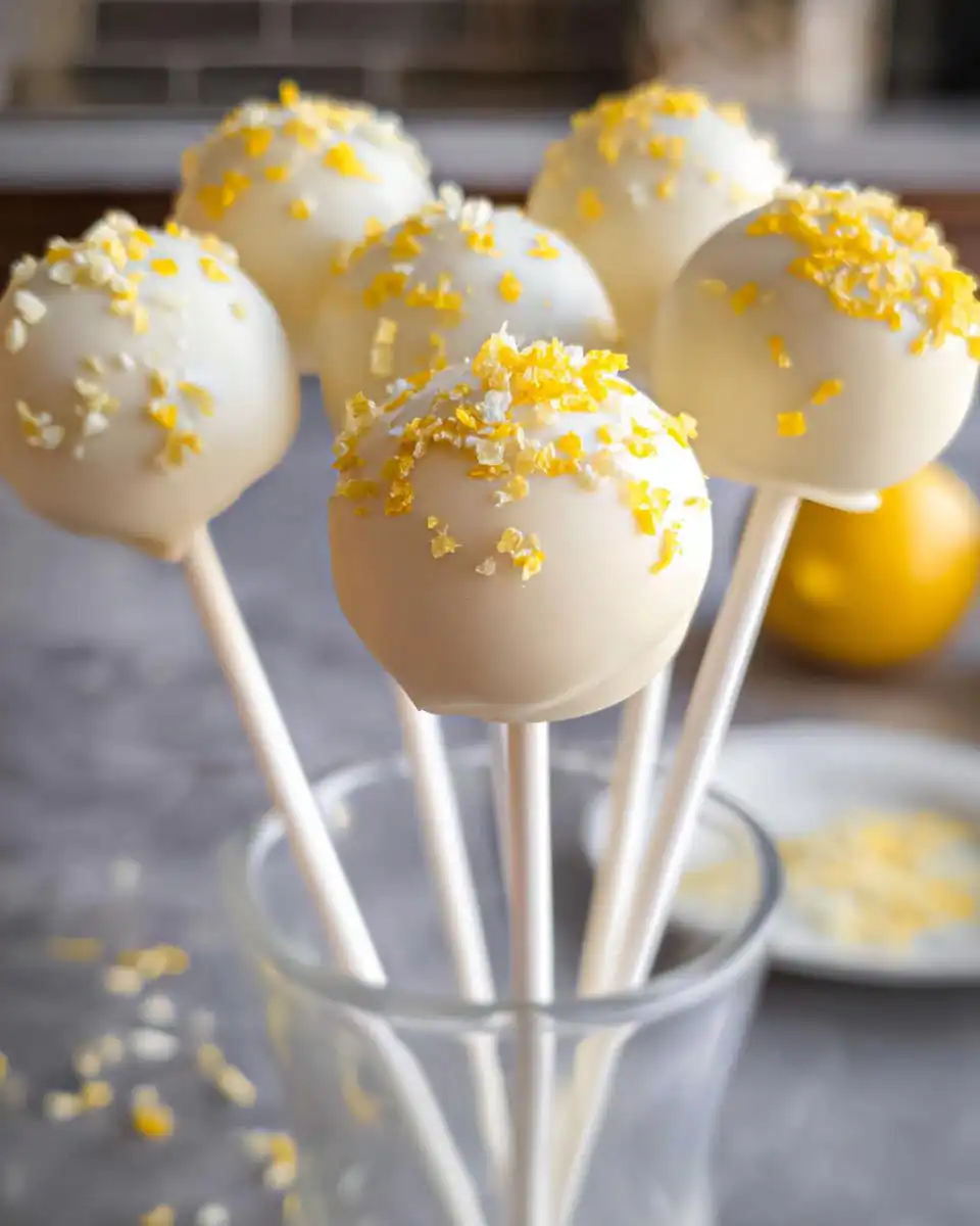 A bouquet of white chocolate coated Lemon Cake Pops topped with bright yellow lemon zest, standing in a glass.