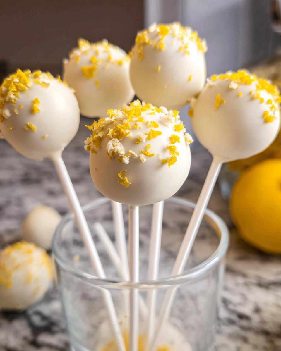 Close-up of several white chocolate coated Lemon Cake Pops topped with bright yellow lemon zest, standing in a glass.