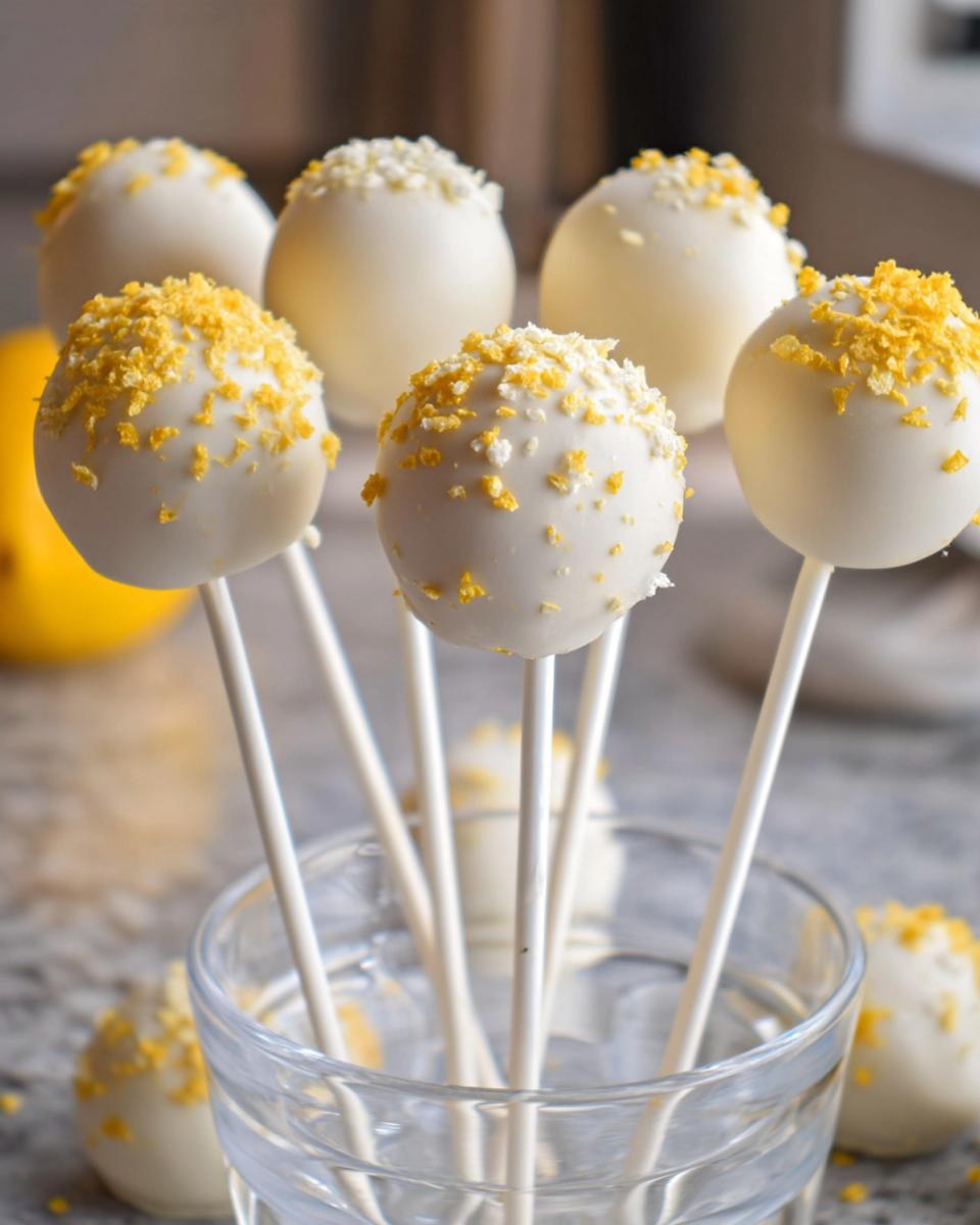 Several white chocolate coated Lemon Cake Pops topped with yellow lemon zest, standing in a clear glass.