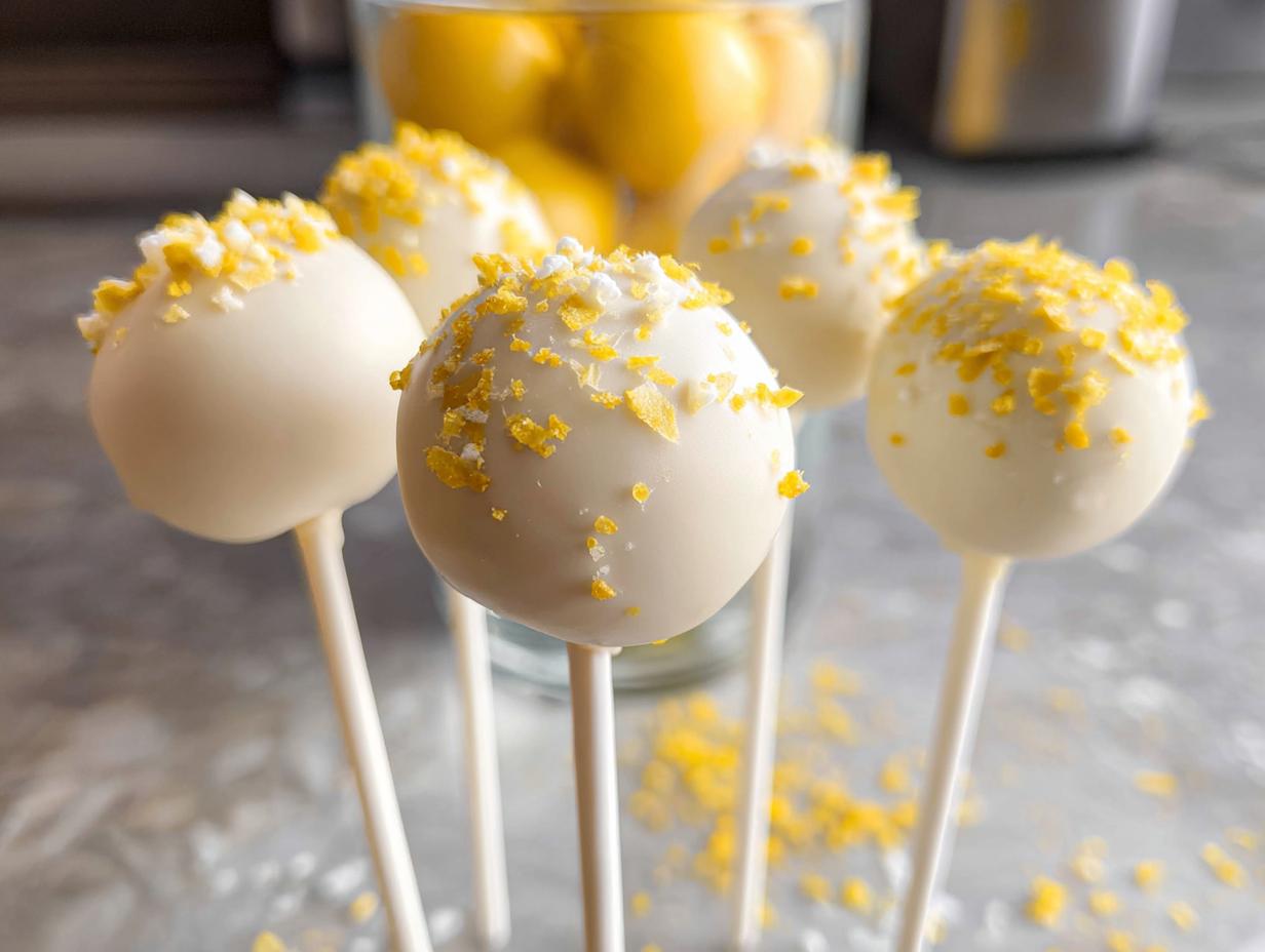 Close-up of several white chocolate covered Lemon Cake Pops topped with bright yellow lemon zest.