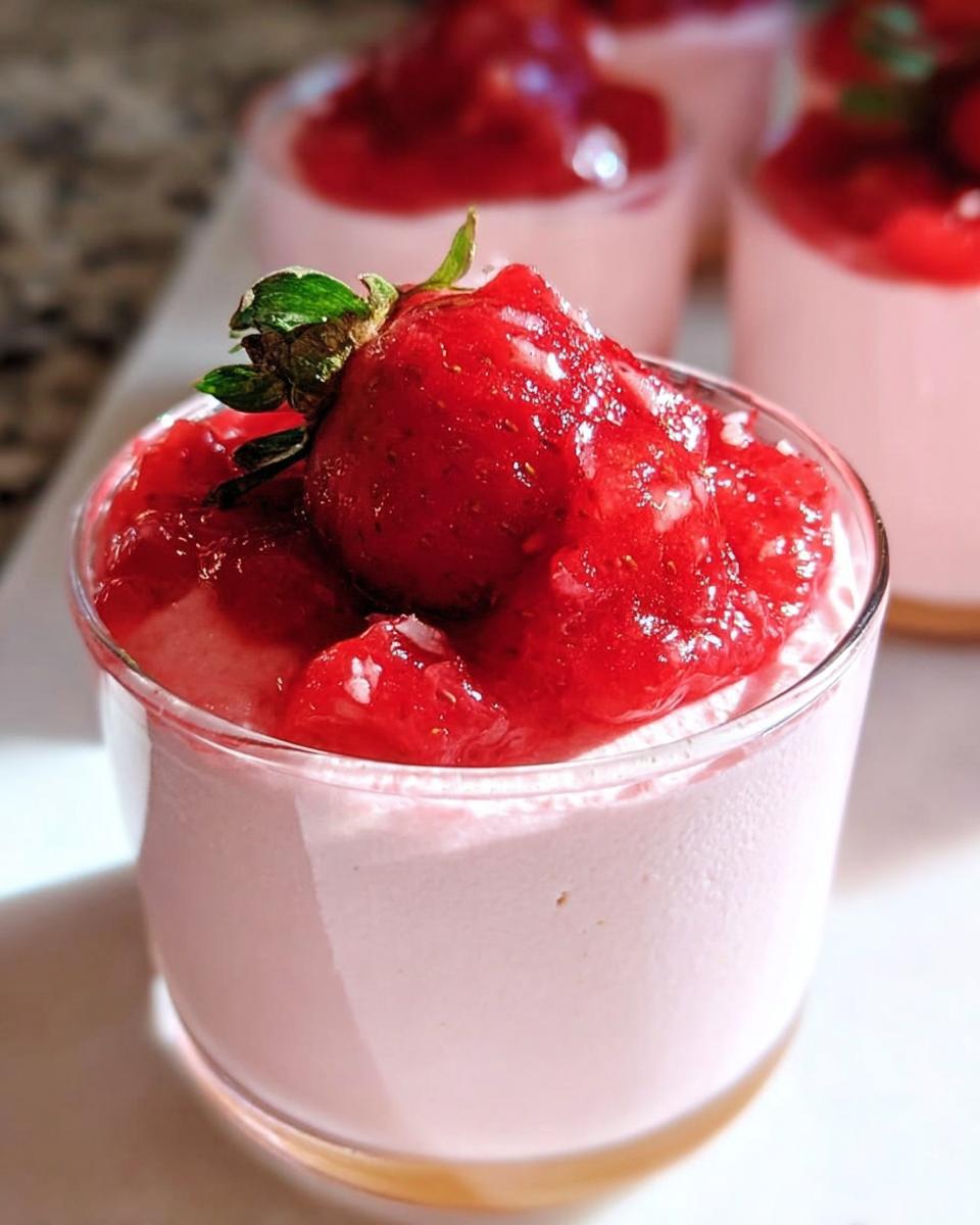 A close-up of a single serving of Light & Fluffy Strawberry Mousse topped with macerated strawberries and a whole strawberry.