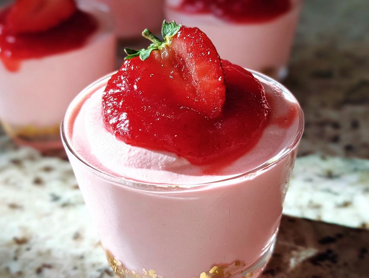 Close-up of a single serving of Light & Fluffy Strawberry Mousse topped with strawberry sauce and a fresh strawberry slice.