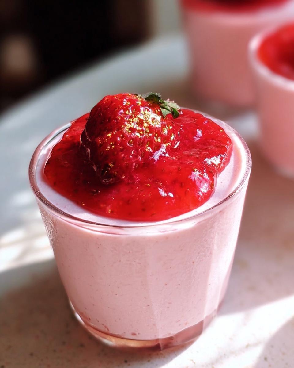 A glass filled with Light & Fluffy Strawberry Mousse, topped with strawberry compote and a whole strawberry dusted with gold.
