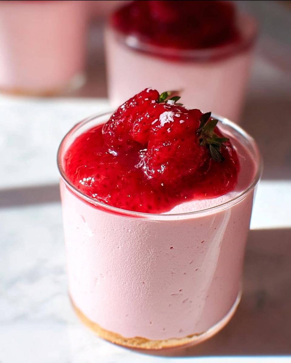 Close-up of Light & Fluffy Strawberry Mousse topped with strawberry compote and fresh strawberries.