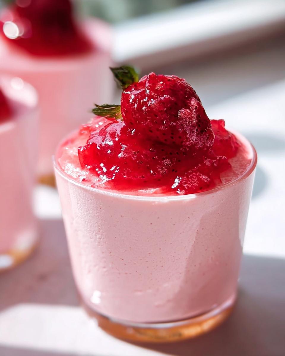 Close-up of Light & Fluffy Strawberry Mousse topped with macerated strawberries and a mint leaf.