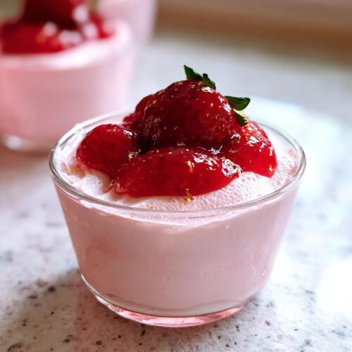 A single serving of Light & Fluffy Strawberry Mousse topped with macerated strawberries and edible gold flakes.