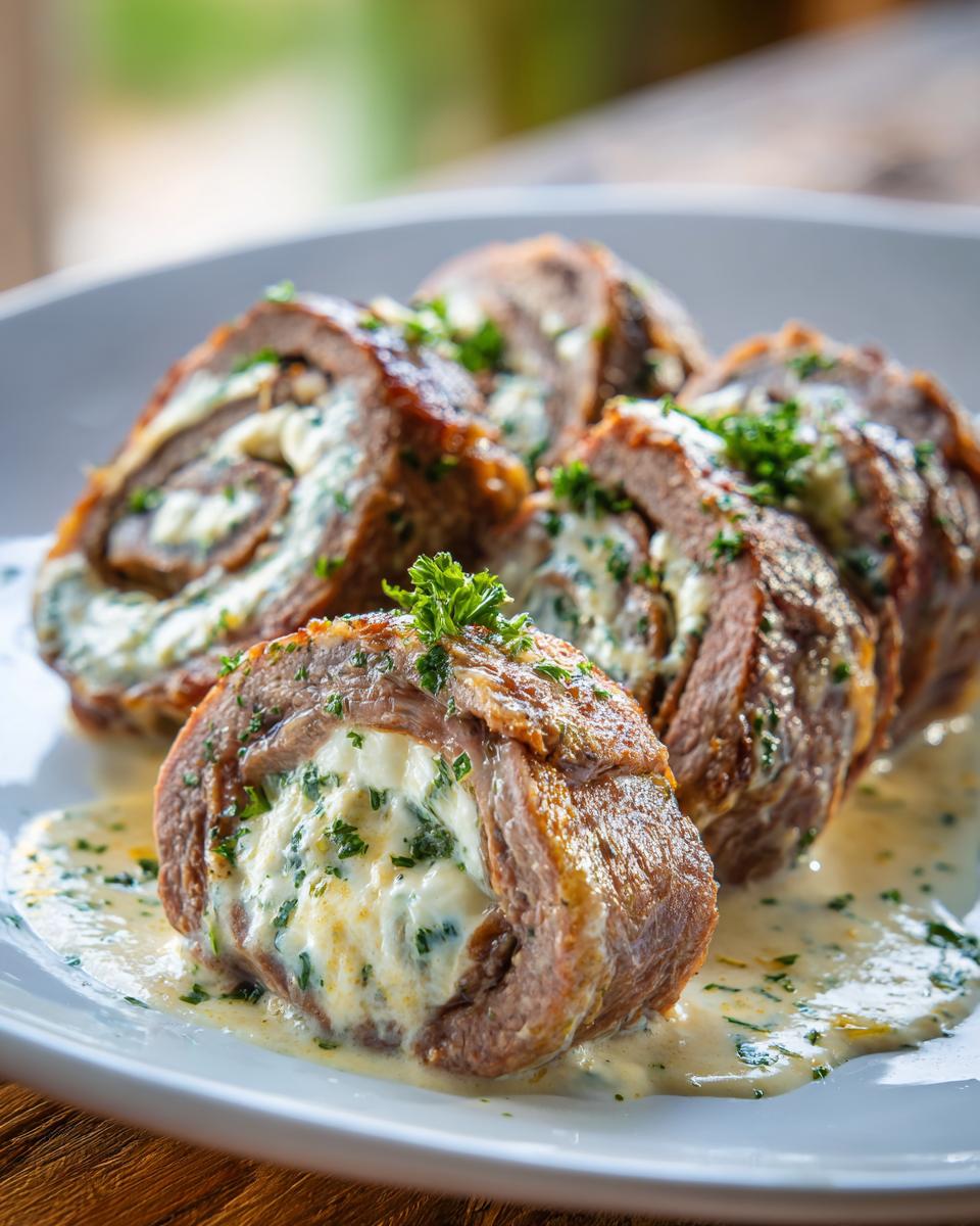 Close-up of sliced Low Carb Beef Roll Ups stuffed with creamy cheese and herbs, served in a light sauce.