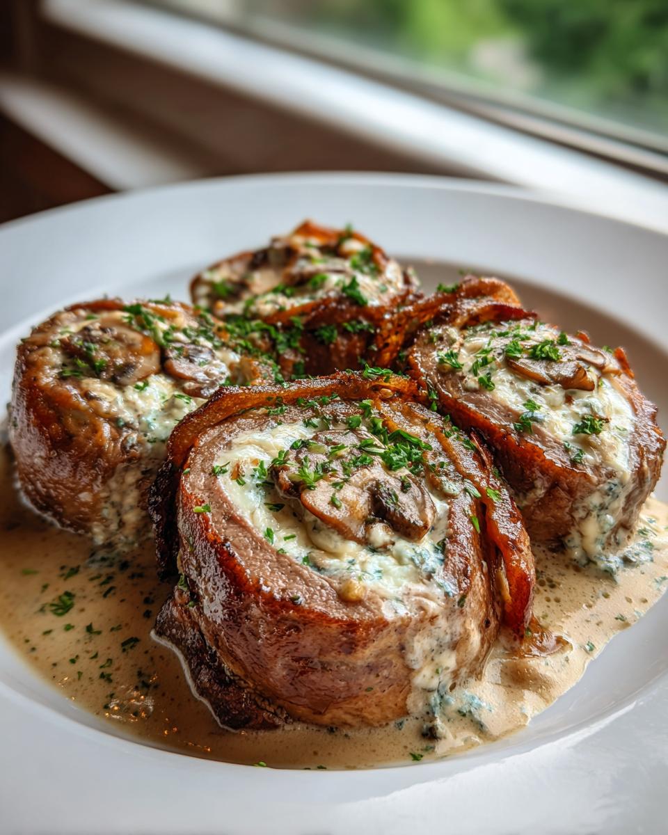 Four savory Low Carb Beef Roll Ups stuffed with creamy filling and mushrooms, served in a rich sauce.