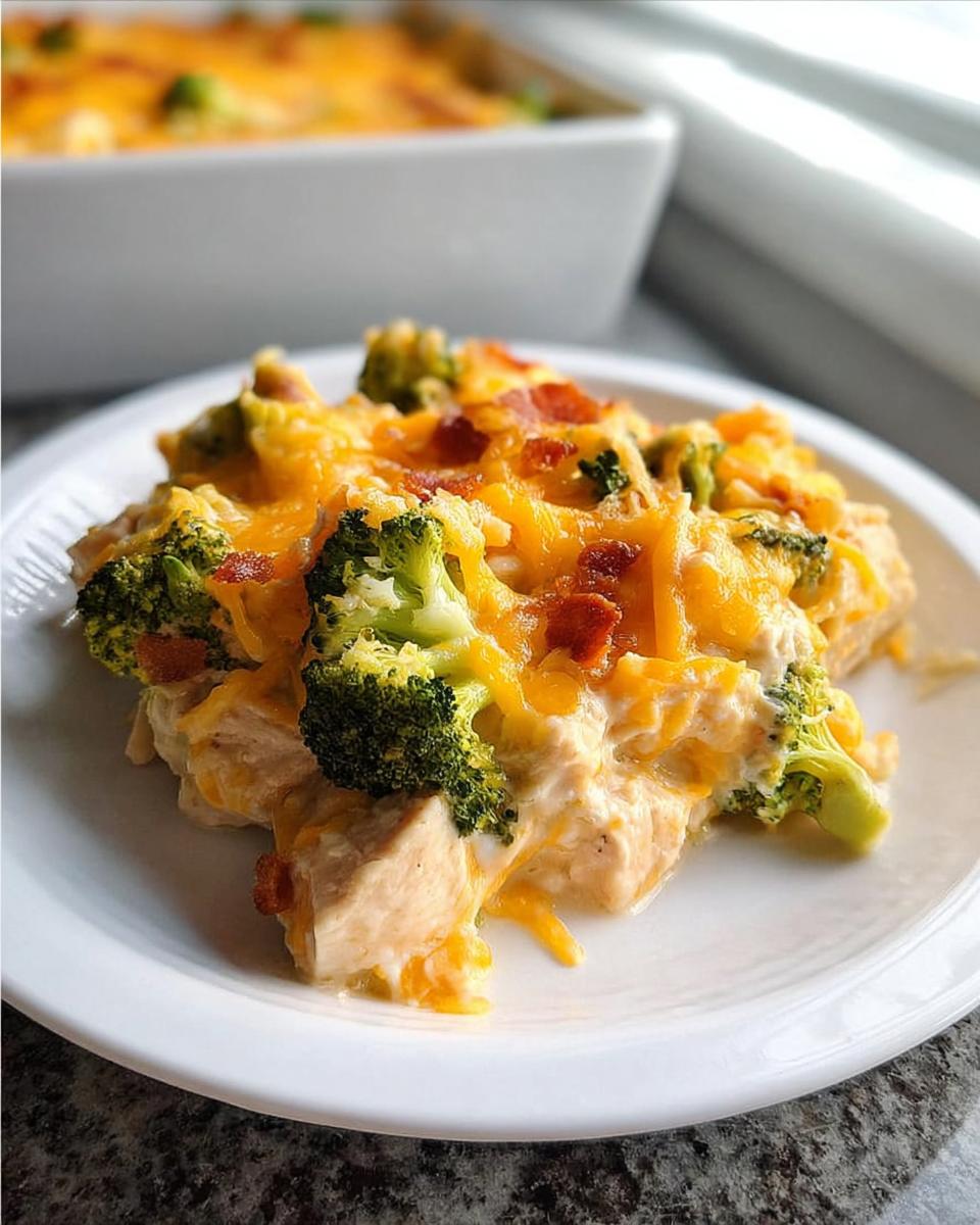 A serving of creamy Low Carb Chicken Casserole topped with melted cheddar cheese, broccoli florets, and bacon bits.