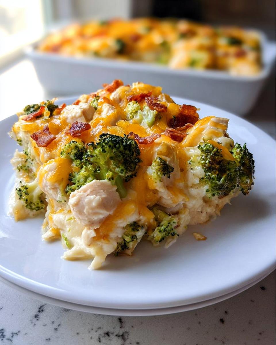 A serving of creamy Low Carb Chicken Casserole topped with melted cheddar cheese, broccoli florets, and bacon bits.