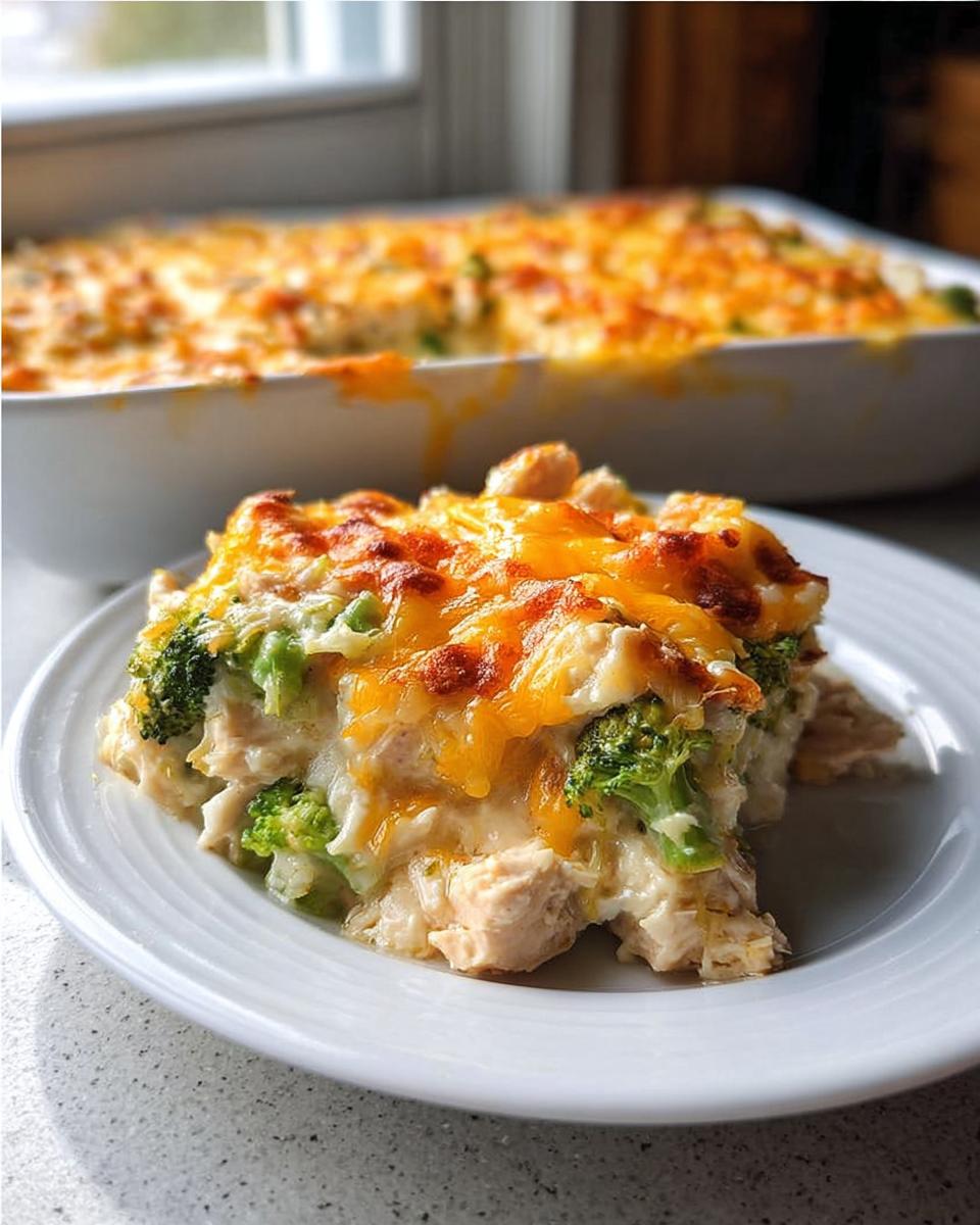 A serving of creamy Low Carb Chicken Casserole topped with melted, browned cheddar cheese and visible broccoli florets.