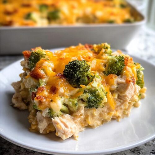 A close-up serving of Low Carb Chicken Casserole topped with melted cheddar cheese and bright green broccoli florets.
