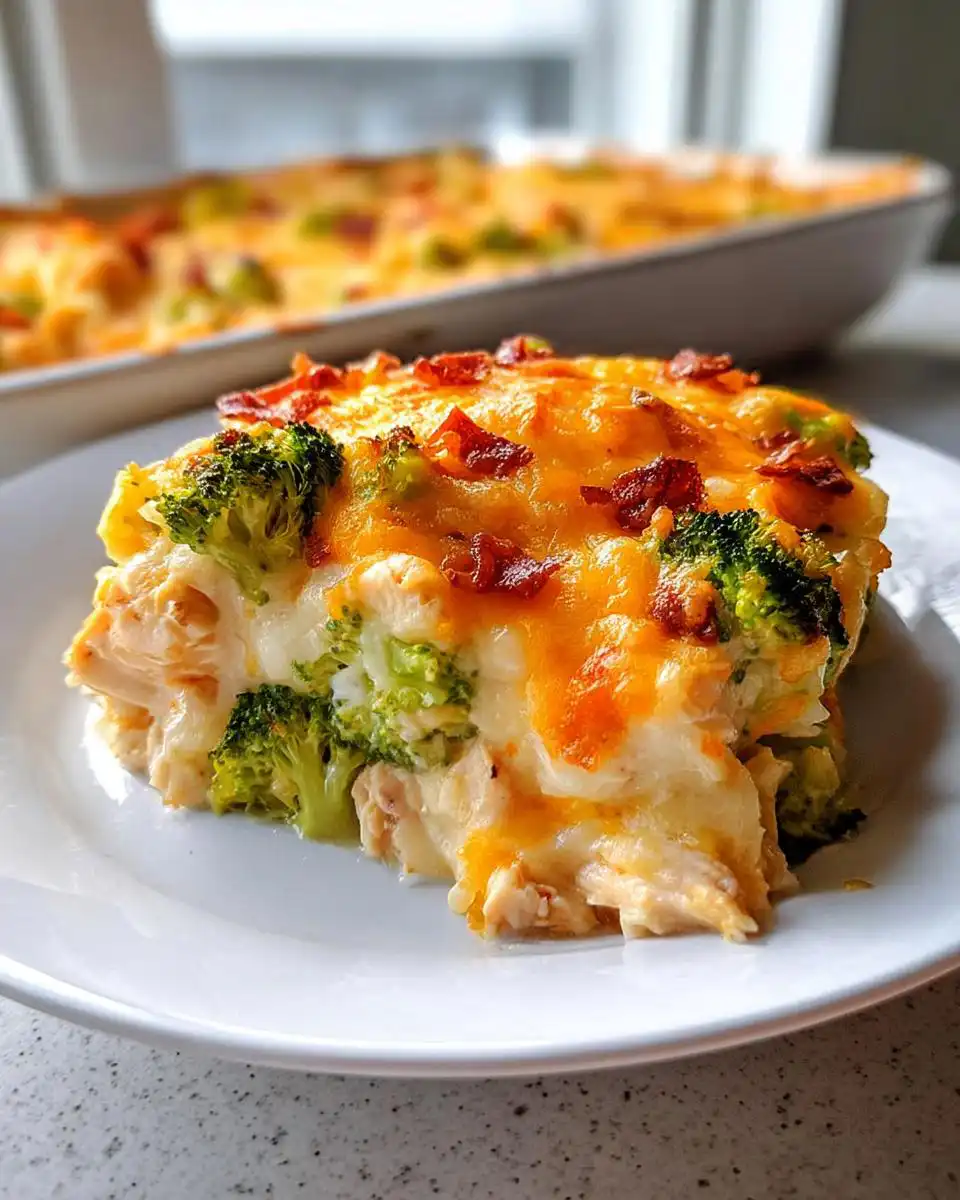 A close-up serving of Low Carb Chicken Casserole featuring shredded chicken, broccoli, and melted cheddar cheese topped with bacon bits.