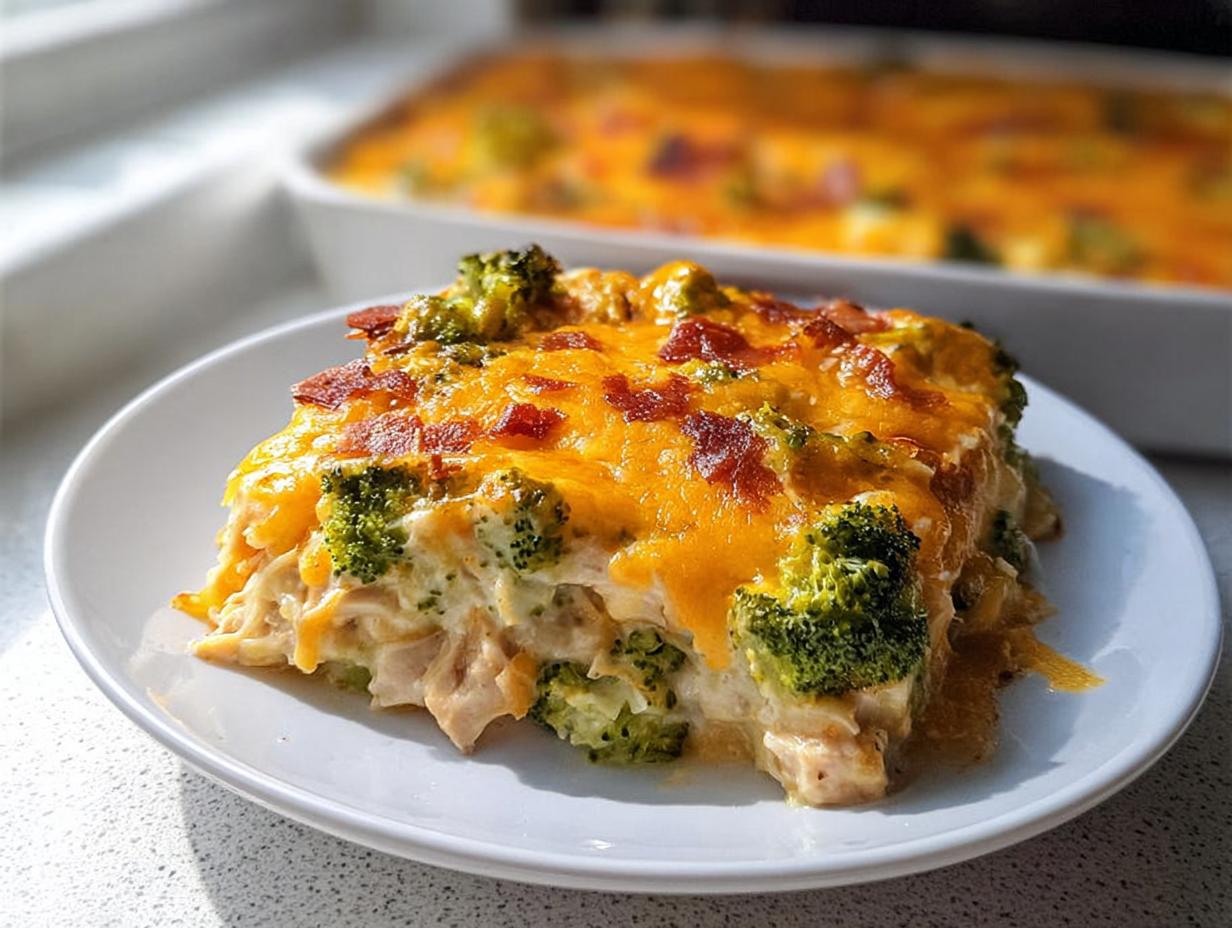 A slice of creamy Low Carb Chicken Casserole topped with melted cheddar cheese, broccoli florets, and bacon bits.