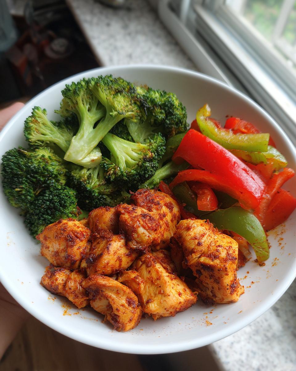 A white bowl containing seasoned chicken pieces, steamed broccoli, and sliced red and green bell peppers, perfect for Low Carb Chicken Meal Prep.