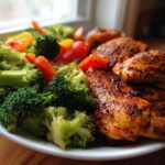 A plate featuring seasoned chicken breasts next to steamed broccoli and red bell peppers, perfect for Low Carb Chicken Meal Prep.
